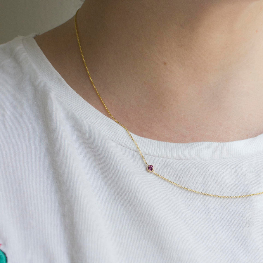 14K Gold Asymmetrical Birthstone Necklace - Pink Tourmaline (October)